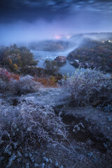 Autumn landscape, scenic view of the misty rocky canyon
