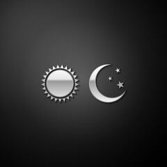 Silver Sun and moon icon isolated on black background. Weather daytime and night. Long shadow style. Vector.