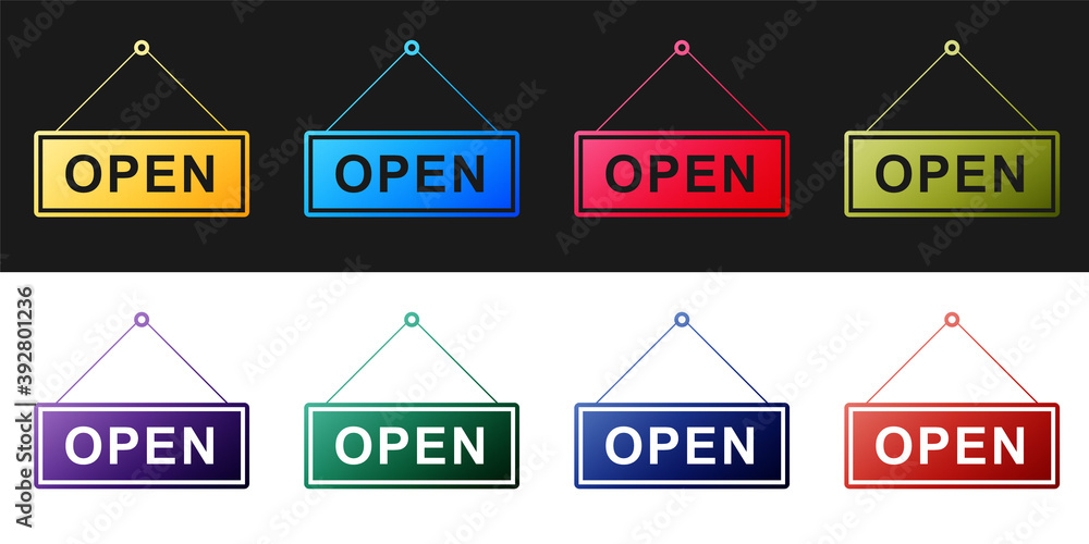 Poster set hanging sign with text open door icon isolated on black and white background. vector.