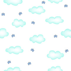Seamless pattern with clouds and butterflies, white background