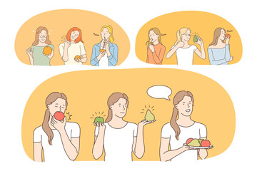 Healthy food, clean eating, fruits, diet, weight loss, nutrition concept. Young positive women cartoon characters eating fresh vegetables and fruits and drinking vitamin juices. Wellness, body care 