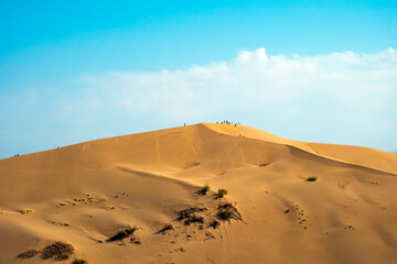 Fototapeta na wymiar Sand dunes with clouds backgorund. Natural landscape. Altyn-Emel singing dunes or barkhan. Altyn-emel national park in Kazakhstan. Tourism travel in Kazakhstan concept.
