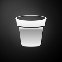 Silver Flower pot icon isolated on black background. Long shadow style. Vector.