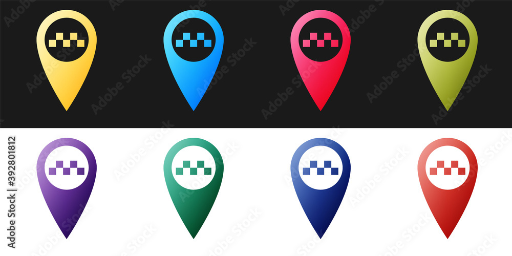 Poster set map pointer with taxi icon isolated on black and white background. vector.