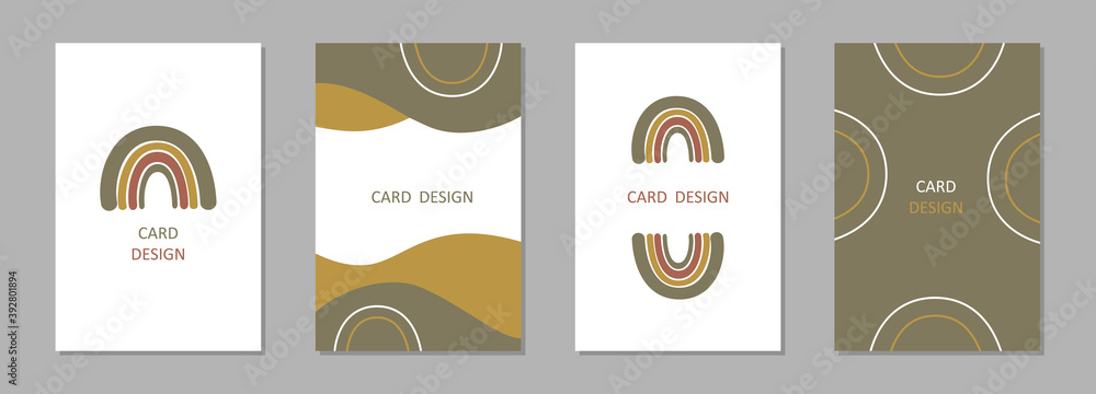 Poster scandinavian cards set, flyer template with abstract hand drawn shapes and rainbow. trendy graphic d