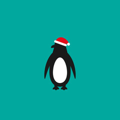 black antarctic penguin with Santa hat icon. standing pinguin vector illustration isolated on blue.