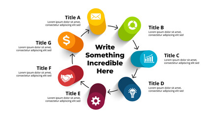 3D Vector Perspective Infographic. Presentation slide template. 7 step options with arrows. Circle diagram concept. Colorful creative info graphic design.