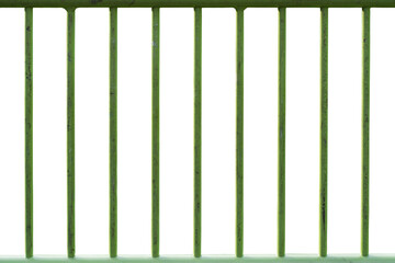 Old steel fence grill with cracked green paint isolated on white with clipping path. Template with protective structure to be overlaid.