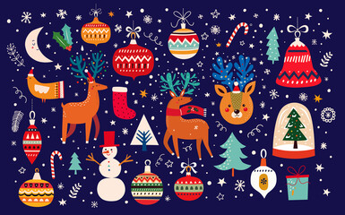 Naklejka premium Christmas decorative collection with funny Santa Claus, Christmas toys, Christmas tree and holiday elements. Christmas greeting card 
