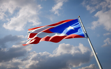 Puerto Rico national flag waving at sky background close-up.