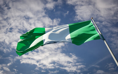 Nigeria national flag waving at sky background close-up.
