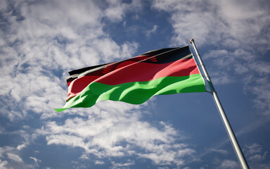 Malawi national flag waving at sky background close-up.