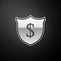 Silver Shield and dollar icon isolated on black background. Security shield protection. Money security concept. Long shadow style. Vector.