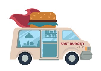 Fast burger cafe food truck with hamburger or cheeseburger on roof