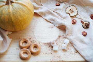 autumn beautiful background with a Cup of coffee and dried fruit