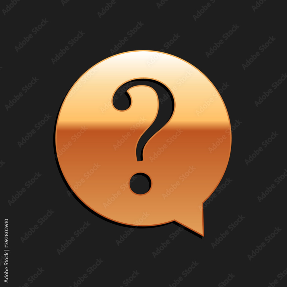 Poster gold question mark in circle icon isolated on black background. hazard warning symbol. faq sign. cop