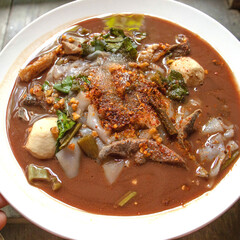thai boat noodle. thai noodle soup with pork
