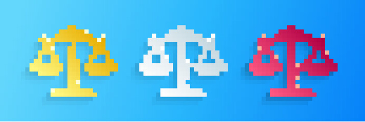 Obraz premium Paper cut Scales of justice icon isolated on blue background. Court of law symbol. Balance scale sign. Paper art style. Vector.