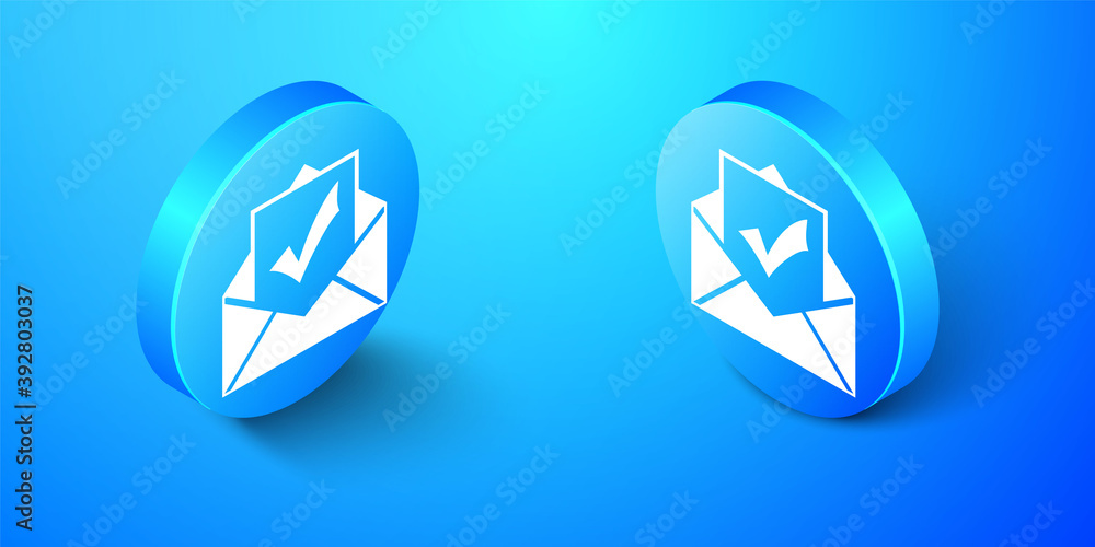 Aufkleber isometric envelope with document and check mark icon isolated on blue background. successful email d