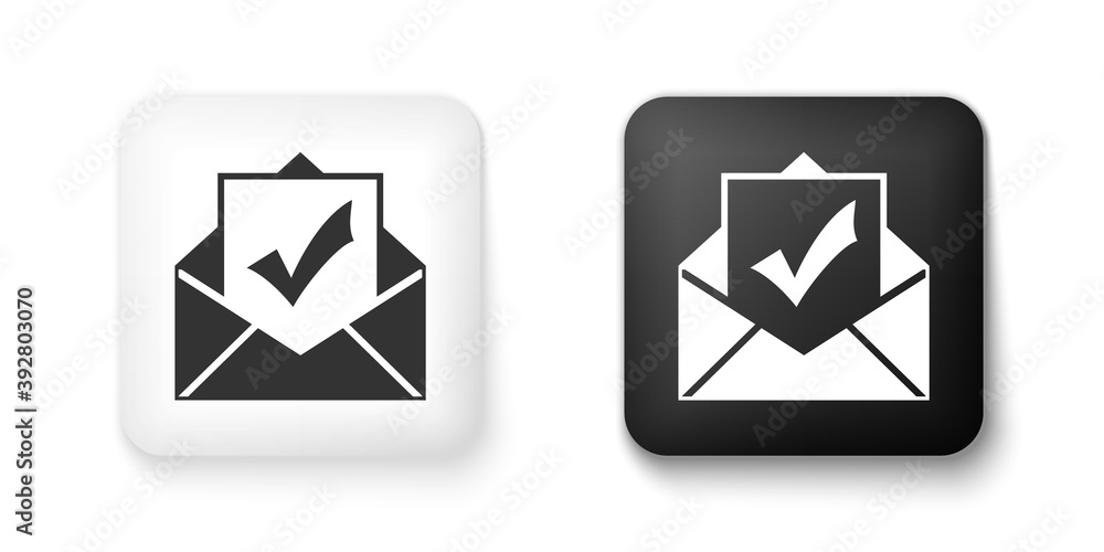 Poster black and white envelope with document and check mark icon isolated on white background. successful 