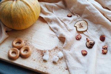 beautiful background with a Cup of coffee and dried fruit for text