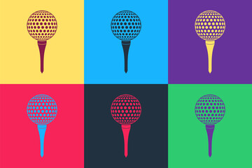 Pop art Golf ball on tee icon isolated on color background. Vector.