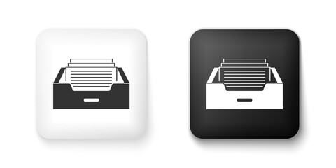 Black and white Drawer with documents icon isolated on white background. Archive papers drawer. File Cabinet Drawer. Office furniture. Square button. Vector.
