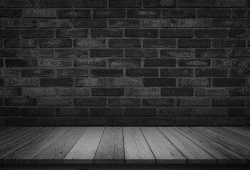 Empty wooden table top on black dark brick wall background, Design wood counter white. Perspective for show space for your copy and branding. Can be used as product display montage. Vintage style.