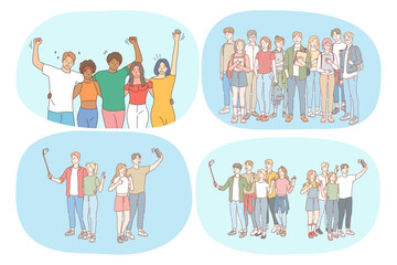 Friendship, students, communication, mates, education, university, friends concept. Group of happy smiling people friends teens having fun, standing with books, making selfie together 