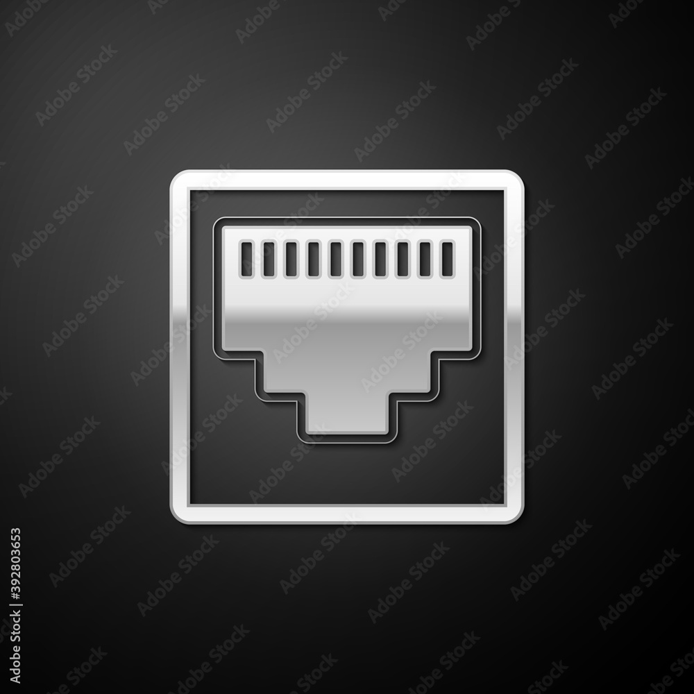 Poster silver network port - cable socket icon isolated on black background. lan port icon. ethernet simple