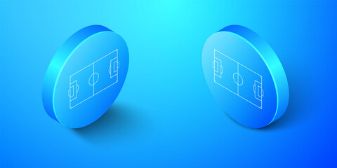 Isometric Football field or soccer field icon isolated on blue background. Blue circle button. Vector.