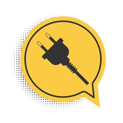 Black Electric plug icon isolated on white background. Concept of connection and disconnection of the electricity. Yellow speech bubble symbol. Vector.