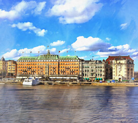 Obraz premium Vintage house on the river embankment colorful painting