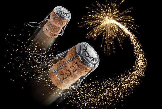 New year composition with champagne corks and fireworks - 3D illustration