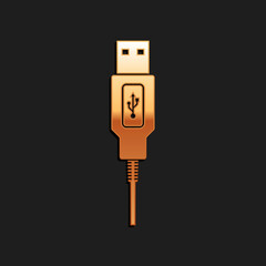 Gold USB cable cord icon isolated on black background. Connectors and sockets for PC and mobile devices. Smartphone recharge supply. Long shadow style. Vector.