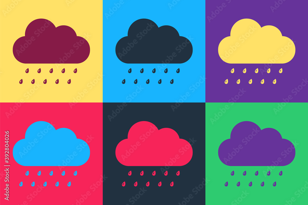 Poster pop art cloud with rain icon isolated on color background. rain nimbus cloud precipitation with rain