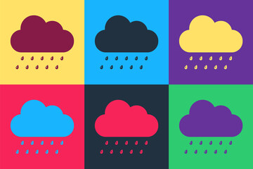Pop art Cloud with rain icon isolated on color background. Rain nimbus cloud precipitation with rain drops. Vector.