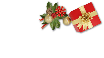 Illustrazione 3D. Natale. Confezione regalo, scatola con nastro e fiocco, accanto a decorazione natalizia..