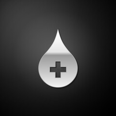 Silver Blood drop icon isolated on black background. Donate drop blood with cross sign. Donor concept. Long shadow style. Vector.
