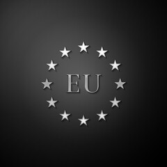 Silver Flag of European Union icon isolated on black background. EU circle symbol. Waving EU flag. Long shadow style. Vector.