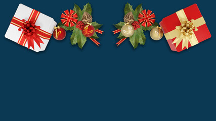 Illustrazione 3D. Natale. Confezione regalo, scatola con nastro e fiocco, accanto a decorazione natalizia..