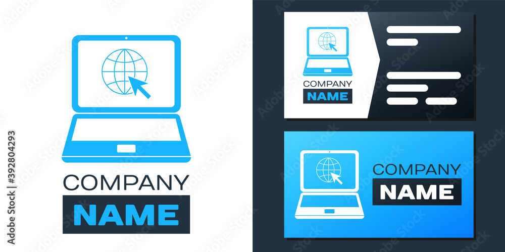 Poster logotype website on laptop screen icon isolated on white background. laptop with globe and cursor. w