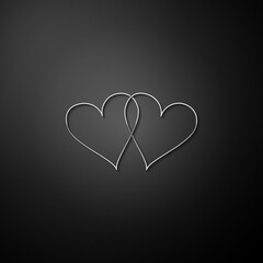 Silver Two Linked Hearts icon isolated on black background. Heart two love. Romantic symbol linked, join, passion and wedding. Valentine day symbol. Long shadow style. Vector.