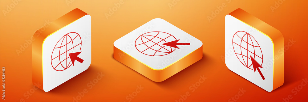 Poster isometric go to web icon isolated on orange background. globe and cursor. website pictogram. world w