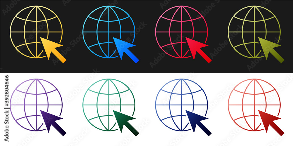 Poster set go to web icon isolated on black and white background. globe and cursor. website pictogram. worl