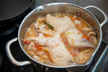 close up of preparation of tripes a la mode de Caen