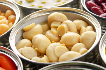 Canned button mushrooms in just opened tin can. Non-perishable food