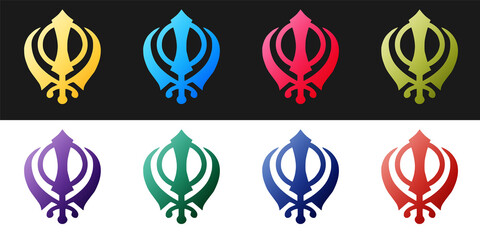 Set Sikhism religion Khanda symbol icon isolated on black and white background. Khanda Sikh symbol. Vector.