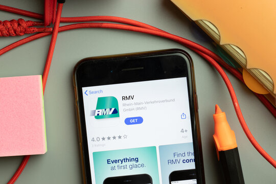 New York, United States - 7 November 2020: RMV app store logo on phone screen, Illustrative Editorial