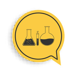 Black Test tube and flask - chemical laboratory test icon isolated on white background. Laboratory glassware sign. Yellow speech bubble symbol. Vector.